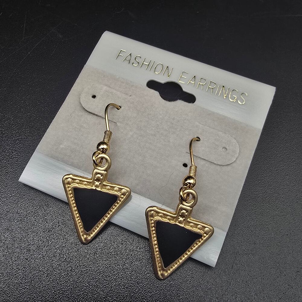 Black Gold Tone Triangle Earrings Vintage 1990s NOS On Card - Picture 7 of 8